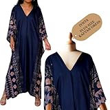 iynta Plus Size Kaftan Dresses for Women, Handmade Caftans for Women - Silk-Screened Oversized Dress, Beach Swimsuit Coverup, Maxi Dress, & Sundress for Vacation, Night Out-50 in.,DarkBlue w/Geometric