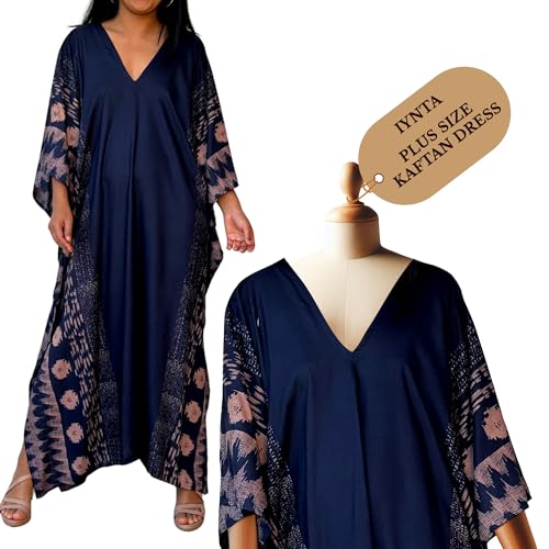 iynta Plus Size Kaftan Dresses for Women, Handmade Caftans for Women - Silk-Screened Oversized Dress, Beach Swimsuit Coverup, Maxi Dress, & Sundress for Vacation, Night Out-50 in.,DarkBlue w/Geometric