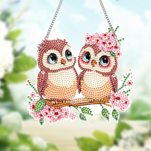 Image of AiYuanzsh Owl Couple Diamond Art Hanging Ornament, 5D DIY Special Shape Diamond Painting Suncatcher Kit for Adults, Handmade Mosaic by Number Pendant Gift for Valentine's Day