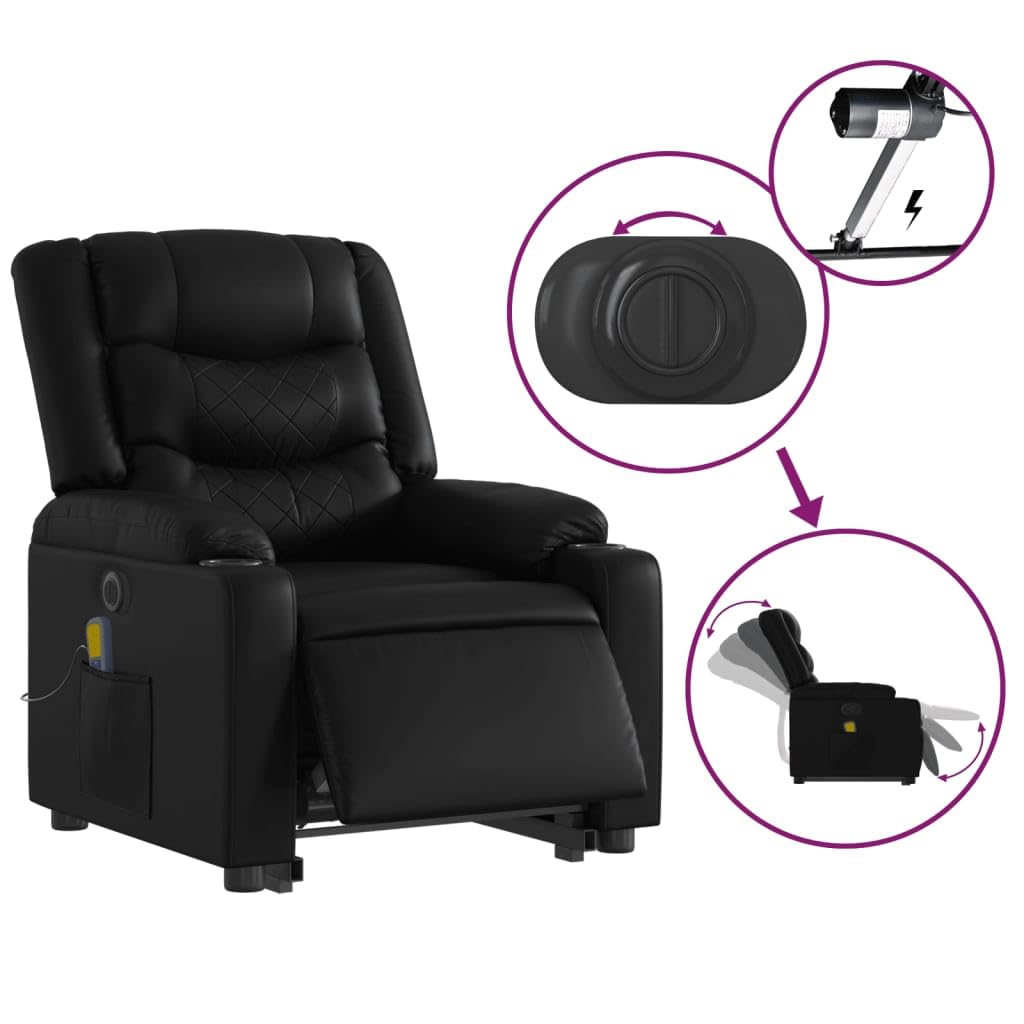 Sillón elevador eléctrico reclinable de piel sintética negra con 6 puntos de vibración y función de elevación automática para un asiento cómodo y relax total