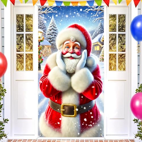 Image of BlissYard Christmas Door Cover Decoration Surprised Santa Snowy Scene 35x71 Inches Front Door Banner Xmas Hanging Decor for Home Holiday Christmas Photo Backdrop Winter Festival Supplies