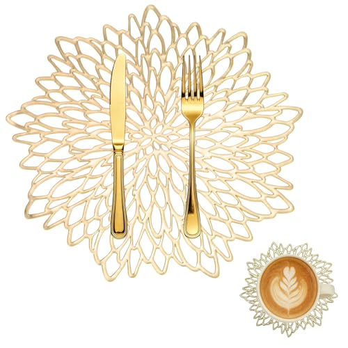 BSDLZCH 6 Pcs Gold Placemats and Coasters Set 38cm Round PVC