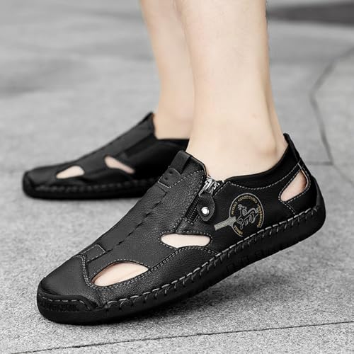 Men's Hand-Stitching Leather Lightweight Summer Slip On Flats Sandals Casual Retro Close Toe Driving Walking Outdoor Beach Shoes3