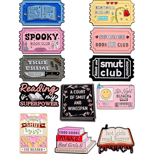 Book Enamel Pins Set – Literary-Themed Lapel Pins for Romance, Smut, Horror – Metal Collectible Accessories for Book Clubs, Readers, and BookTok Lovers – 12-Pack