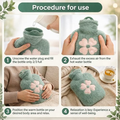 Image of Nuvex Hot Water Bottle with Plush Fur Cover 1 Litre Leakproof Rubber Bag for Period Cramps, Back Pain & Muscle Relief Reusable Heating Pad for Bed & Winter Comfort Hot & Cold Compress for Injury & Swelling Relief