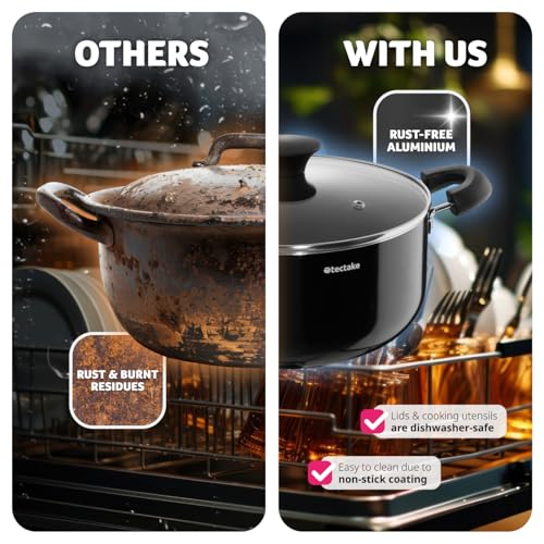 tectake® 15-Piece Aluminium Cooking Pot & Pan Set with Non-Stick Coating & Heat-Resistant Handles, Dishwasher-Safe Cooking Pot Set - 4 Pots, 2 Pans, 4 Glass Lids & 5-Piece Kitchen Utensils Set - Black - Image 3