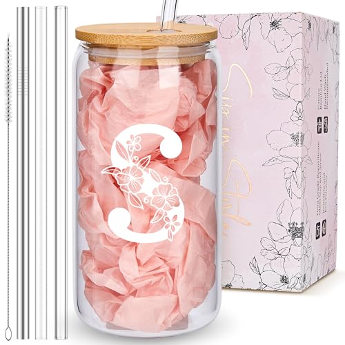Personalized Tumbler, Monogrammed Can Glass Cups with Bamboo Lids and Straws, Customized Gifts for Women, Cute Design Initial Iced Coffee glasses, Custom Letter Mug, Birthday Bridesmaid, S