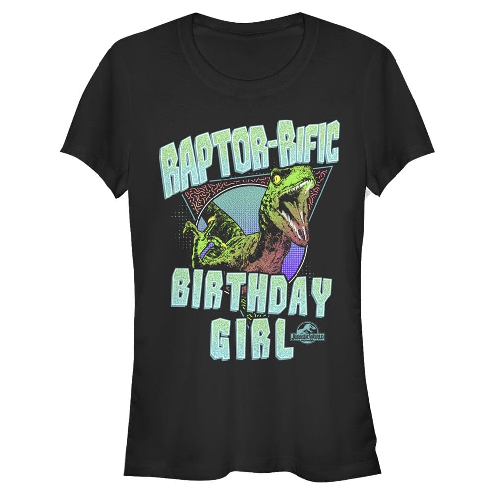 Jurassic World Women's Raptor Rific Bday Girl Juniors' Short Sleeve Tee Shirt, Black