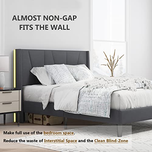 SHA CERLIN Full Bed Frame, Upholstered Platform Bed with Geometric Headboard and Wingback, Wood Slat Support, No Box Spring Needed,Grey