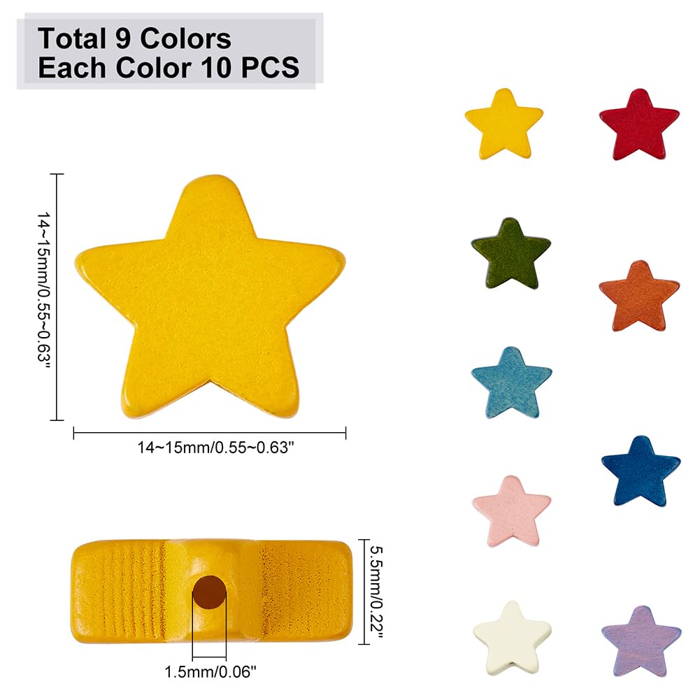 SUPERFINDINGS 90pcs 14mm Star Wood Beads Natural Star Shape Painted Multi-Color Wood Beads Wooden Loose Beads with 1.5mm Hole for Crafts DIY Jewelry Making