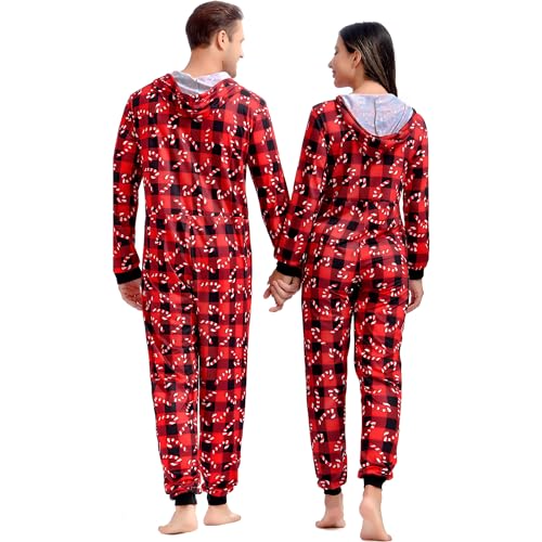 frawirshau Christmas Onesie Adult Christmas Pajamas for Family Onesies for Christmas Mens Onesie Pajamas Candy Cane Onesie Red L3