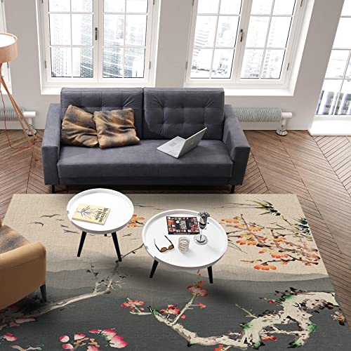 Ink Painting Area Rug For Bedroom Living Room- Spring Floral Plum Blossom Hand Painted Contemporary Floor Carpet Comfy Runner Rug Nursery Playmats Home Decor Mat, #TOP3