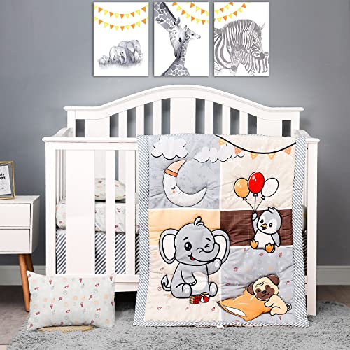 Image of JISEN 3 Piece Crib Bedding Set Crib Quilt Crib Sheet Pillowcase - Soft Microfiber Printed Nursery Set for Baby Boys or Girls Zoo Party