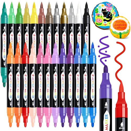 TBC The Best Crafts 24 Colors Dual Tip Acrylic Paint Markers,Waterproof, Non-Toxic, odorless, Suitable for Paper, Pottery, Stones, Backpacks, Glass (24 Colors)