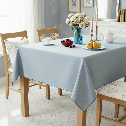 Image of Embroidered Edge Trim Tablecloth - (100% Cotton) 8 Seater Rectangle Tabelcloth- Sky Blue