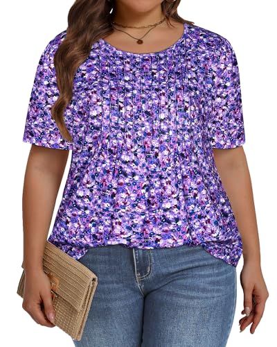 Image of Plus Size Tops for Women Pleated Summer Top Trendy Short Sleeve Shirts Casual Basic Tee Crew Neck Blouses 2026