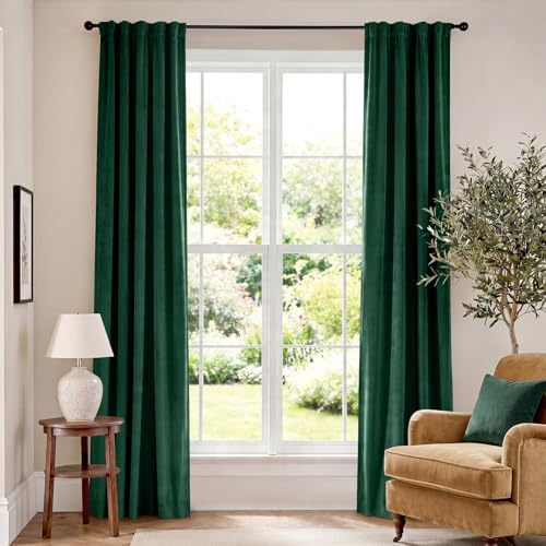 Image of Blackout Emerald Green Velvet Curtains 42x84 Inch 2 Panels | Soft Velvet, For Bedroom & Living Space, Light Shifting Texture, Elegant Drape, Classic, Rod Pocket