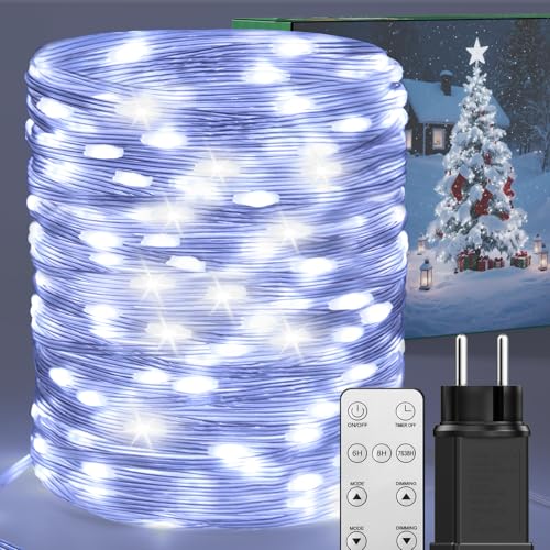 BESCOST Luci Natale Esterno 50m500led Luci Albero di Natale con Telecomando Catena Luminosa Esterno IP65 Impermeabile con 8 Modalità/Timer per Decorare Natale, Giardino Bianco Freddo
