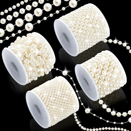4 Rolls 86 Feet Pearls Garland Faux String of Pearls Roll Strand for Crafts Artificial Pearl Beads Trim for Wedding Party Valentine Christmas Flower Decoration 4mm 6mm 8mm 8+3mm Ivory