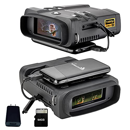 My Animal Command Full HD 1640 FT Infrared Binoculars Night Vision Goggles 3.6-10.8 Zoom Photo Video Recording, Attachable Rechargeable Powerpack,64GB SD for Surveillance Hunting and Game Spotting