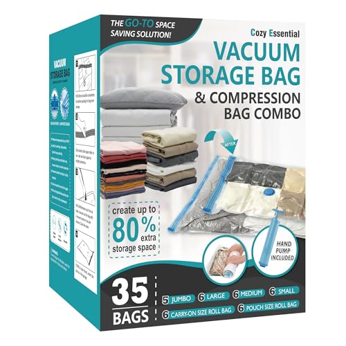 Image of Cozy Essential Vacuum Storage Bags, Compression Space Saver Bags for Clothes, Comforters, Blankets, Pillow, Bedding, Sealer Clothing Storage,35 Combo