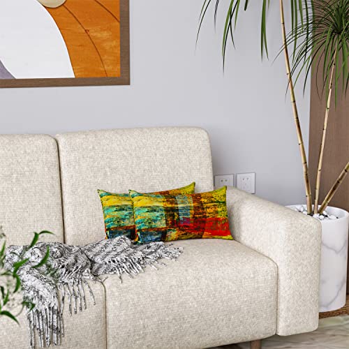 Suesoso Modern Grunge Abstract Art Throw Pillow Cover 12"X20" Set Of 2 Messy Rust Painting Decorative Pillow Cases With Red Blue And Orange Decorative Pillow Covers Throw Decorative Home Decor #TOP2
