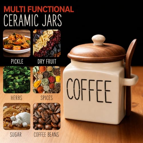 Image of Ivory Ceramic Coffee, Tea & Sugar Storage Jar Set with Wooden Lid & Spoon | Kitchen Airtight Containers (750ml each)