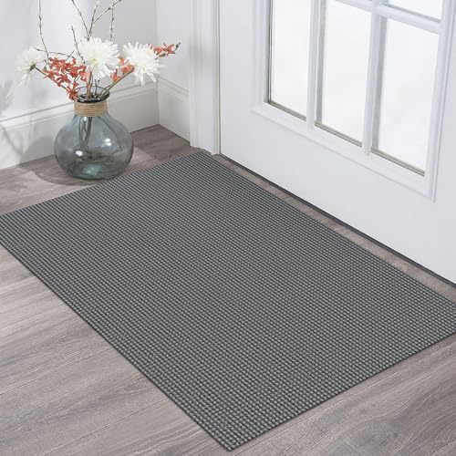 KOZYFLY Indoor Door Mat 2x3 ft Small Area Rugs Washable Front Door Mat Non Slip Rubber Backed Entryway Rug Cotton Entrance Doormat for Front Porch Bathroom Kitchen Bedroom, Grey/Dark Grey