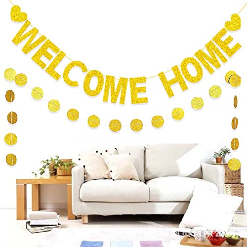 3M Bannière Bienvenue à la Maison Brillée Welcome Home Banner en Papier et 2M Garland Points de Cercle Décorations Or Bunting Signe de Maison pour Fête Anniversaire Mariage Party Célébration Noël Cover