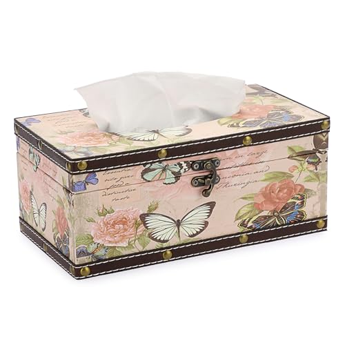 TOLIDA PU+ Wood Rectangular Tissue Box Cover - Retro Household Tissue Box Holder Organizer, Tissue Paper Dispenser for Bathroom