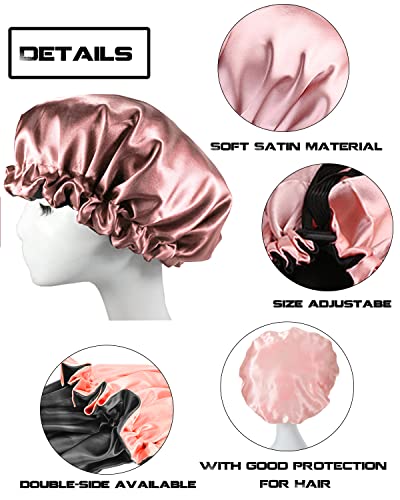 MUFEKUM Satin Sleep Cap, Large Adjustable Double Sided Pink & Black, Silk Bonnet for Women Girls Curly Hair Protection - Image 4
