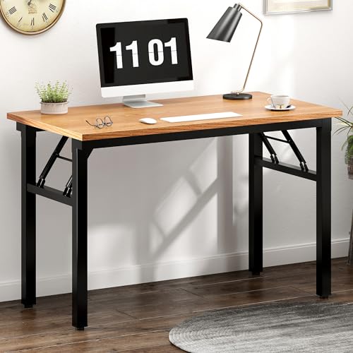 Image of Need Folding Computer Desk - 39.4 Inch Foldable Office Writing Work Study Kids Student Teacher Home Bedroom Table for Small Space, Teak & Black