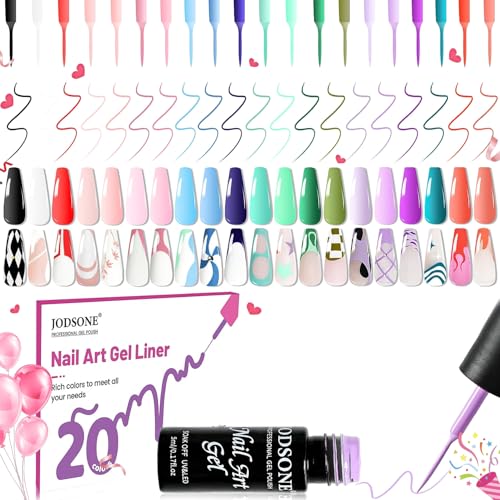 Image of JODSONE Gel Polish Nail Art Gel Liner Set 20 Colors Red Pink Blue Purple with Thin Brush Need U V Lamp Cured Gift for Girls at Home Salon Design