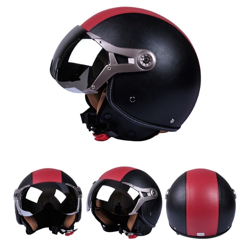 Casco Jet Classic Vintage in Pelle Con Visiera, ECE 22.06 Omologato, Per Donna Uomo Scooter Chop Ciclomotore Retrò Pilota di Moto a Mezza Calotta (57-62cm)