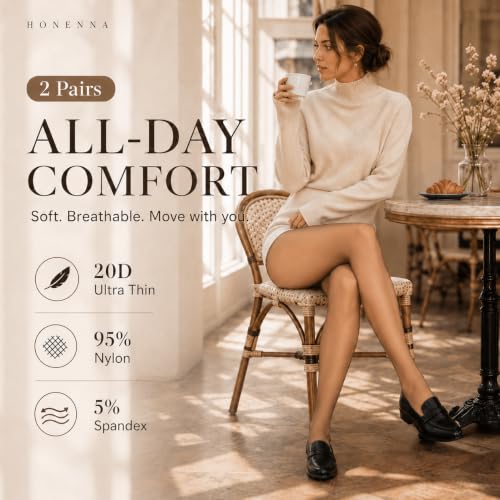 Image of HONENNA Sheer Tights for Women 2 Pairs Ultra Thin Reinforced T Crotch Control Top Pantyhose Stockings