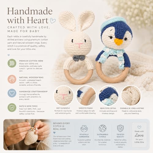 Image of Handmade Crochet Bunny & Penguin Wooden Teether Combo | Baby Teething Ring Toy | Natural Wood Infant Chew Toy | Soft Knitted Newborn Rattle Teether | Organic Cotton Baby Gift Set (Pack of 2)