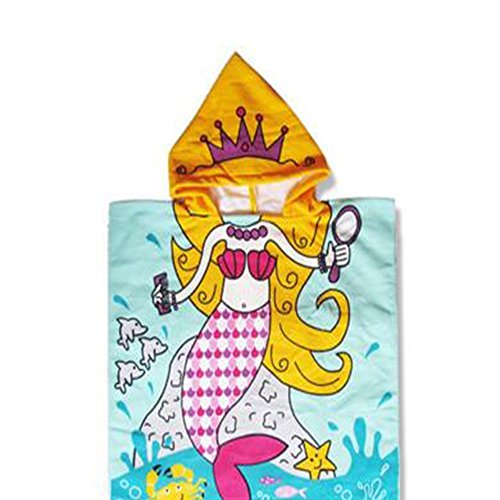 CCMART, poncho per bambine con disegno di principessa delle sirene, con cappuccio, utilizzabile come accappatoio e telo da mare, ad asciugatura rapida, 60 x 120 cm