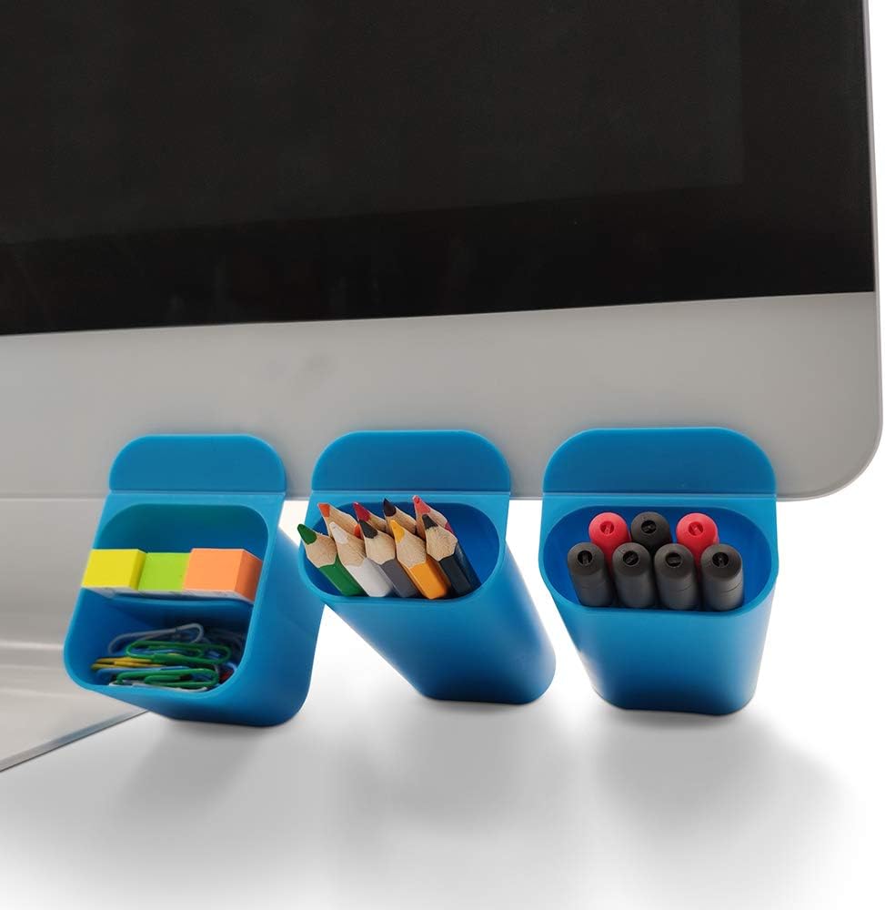 MINSA Creative DIY Screen Pen Pencil Holders Desktop Accessories Organizers for Office Desk Storage Bags Under Computer Monitor & Screen-3 Pack (Blue)