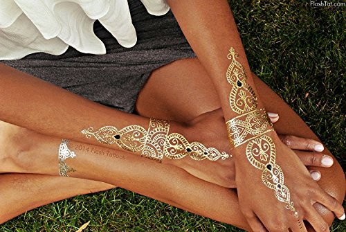 Flash Tattoos Sheebani Authentic Metallic Temporary Jewelry Tattoos 4 Sheet Pack (Black/Gold/Silver) Includes Over 19 Assorted Premium Henna Inspired Waterproof Tattoos #TOP2