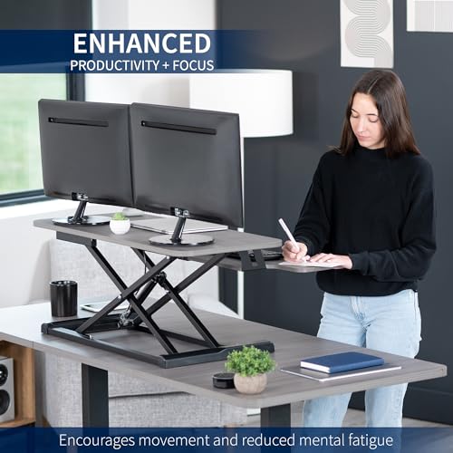 Image of VIVO 36 inch Desk Converter, K Series, Height Adjustable Sit to Stand Riser, Dual Monitor and Laptop Workstation with Wide Keyboard Tray, Gray Top, Black Frame, DESK-V036KG