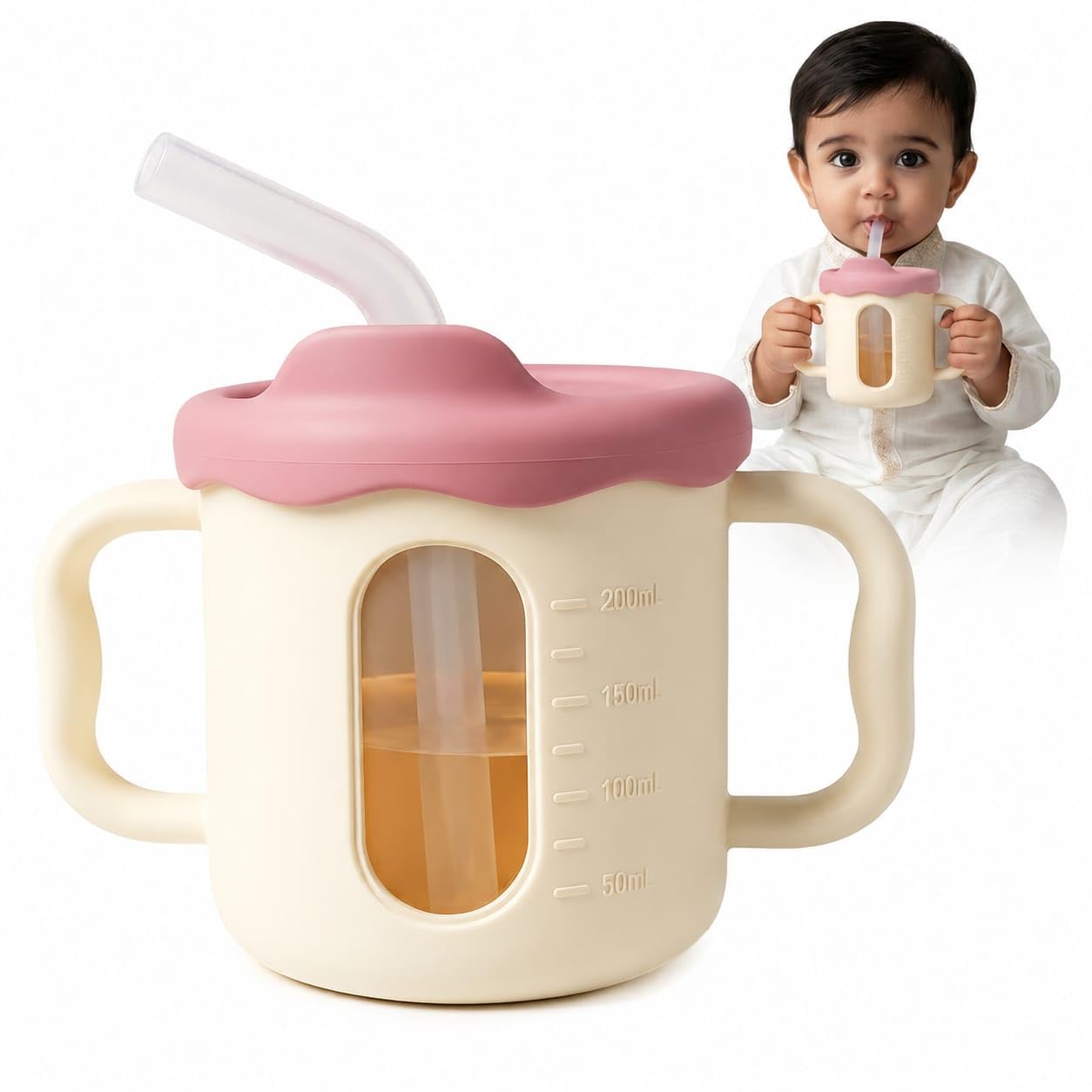 TONY STARK Baby Silicone Straw Training Cup with Handles, BPA Free Sippy Cup for Babies & Toddlers, Food Grade, Leak Resistant Lid, Soft Straw, Transparent Window, 200ml, 6+ Months (Red)-image-18