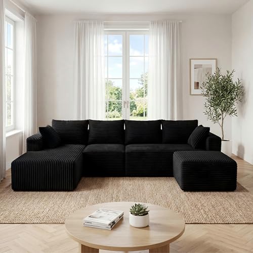 Image of 118 inch Modular Sectional Sofa with Chaise&Ottoman,Oversized U-Shaped Corduroy Cloud Couch, Deep Seat Boneless Couch for Living Room, No-Assembly,Black(Left Facing Chaise)