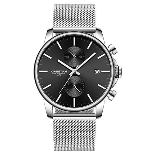 Affute Montres pour Homme Mode Sport Quartz Analogique Noir Maille Acier Inoxydable Étanche Chronographe Montre-Bracelet Auto Date en - Argent Noir