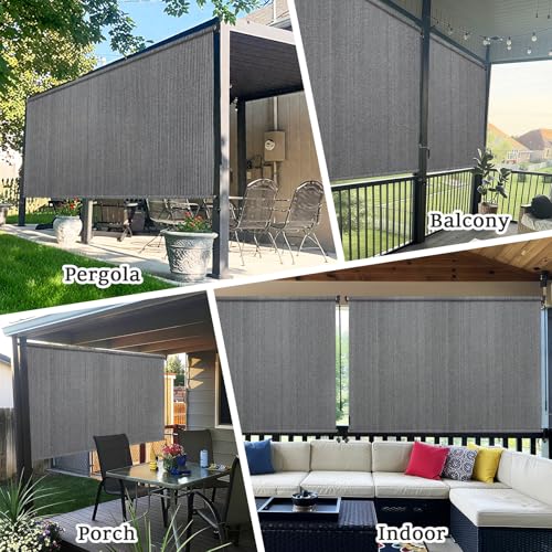 Image of 8' W x 8' H Cordless Outdoor Roller Shades, Grey | 90% UV Block, Patio Roll Up Outdoor Blinds, 2 Poles & 1 Fabric, Exterior Sun Shade Cloth For Porch, Gazebo, Balcony, Pergola