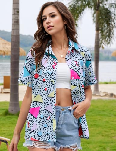 Arssm 80s 90s Shirts for Women Retro Vintage Party Disco Outfits Neon Hawaiian Button Down Blouses Tees Tops3