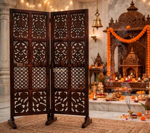 Image of Wooden Room Partition Screen Divider with Stand for Living Room and Bedroom (Brown) | Folding Sheesham Wood Room Separator Wall for Office and Salon