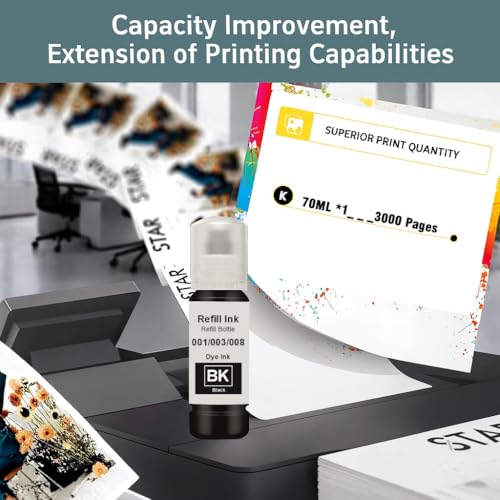 Image of KOSH 001 /003 /008 Refill Ink Compatible for Epson L3110, L3150, L3250, L3252 L3115, L3116, L3101, L3210, L3215, L3216, L3151, L3152, L3156, L5190 Printers (001 /003 /008 BK 70ml)
