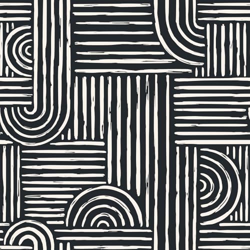 Livelynine Geometric Peel and Stick Wallpaper Black and White Modern Mid Century Geometric Abstract Wall Paper Contemporary Minimalist Lines 17.5x78.8' Geometric Pattern Contact Paper for Cabinets