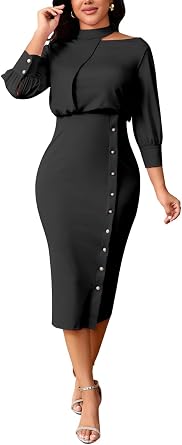 shengfan Womens Casual Long Sleeve Work Bodycon Midi Dresses Round Neck Formal Wedding Cocktail Party Wrap Pencil Dress