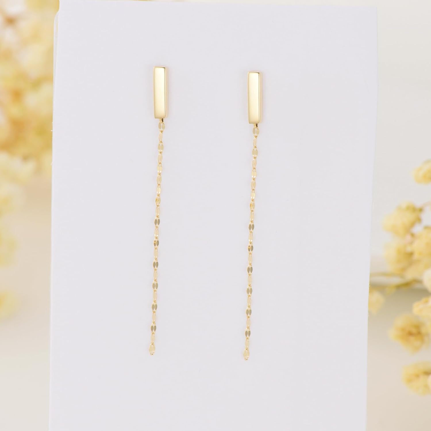 Solid 14k Gold Bar Dangling Tassel Earrings for Women - Image 4